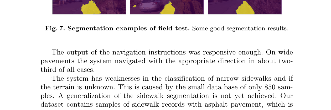 Segmentierungsbeispiele aus Feldtests mit markierter begehbarer Gehwegflaeche.